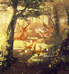 Rule 34 | 1girl, album cover, animal, antlers, closed mouth, cover, dancing, day, deer, deer antlers, dress, forest, fox, grass, hagali (music artist), highres, horns, nature, official art, on grass, open mouth, original, outdoors, potg (piotegu), rabbit, scenery, sleeveless, tree, yellow theme