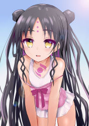 Rule 34 | 1girl, aged down, black hair, brown eyes, camisole, child, double bun, facial mark, fate/grand order, fate (series), forehead mark, hair bun, highres, leaning forward, long hair, looking at viewer, no pants, off shoulder, one-piece swimsuit, open mouth, pink camisole, sen (astronomy), sessyoin kiara, sessyoin kiara (lily), sessyoin kiara (swimsuit mooncancer), smile, solo, strap slip, swimsuit, swimsuit under clothes, thighs, very long hair, white one-piece swimsuit