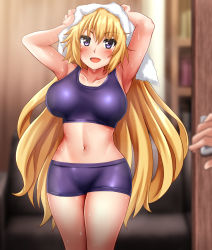 Rule 34 | 1girl, absurdres, blonde hair, blue eyes, blue shorts, blurry, bra, breasts, cameltoe, collarbone, commission, cowboy shot, depth of field, fate/apocrypha, fate/grand order, fate/zero, fate (series), frilled bra, frilled panties, frills, highres, jeanne d&#039;arc (fate), jeanne d&#039;arc (ruler) (fate), large breasts, long hair, looking at viewer, navel, panties, pixiv commission, short shorts, shorts, solo, sports bra, towel, towel on head, underwear, zanntetu