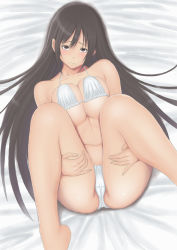 Rule 34 | 1girl, bed, bed sheet, bikini, blush, breasts, brown eyes, brown hair, cameltoe, folded, head tilt, knees to chest, leg hold, long hair, looking at viewer, lying, muffin (sirumeria), on back, original, simple background, solo, spread legs, swimsuit, very long hair