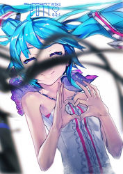 Rule 34 | ahoge, alternate costume, character name, colored eyelashes, dan evan, halterneck, hatsune miku, heart, heart hands, motion blur, simple background, solo, tagme, twintails, vocaloid, white background