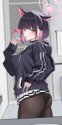 Rule 34 | 1girl, absurdres, animal ears, ass, black choker, black hair, black jacket, black pantyhose, blue archive, blush, cat ears, cellphone, choker, colored inner hair, cowboy shot, dove 571, hair ornament, hairclip, halo, highres, holding, holding phone, hood, hooded jacket, jacket, kazusa (blue archive), long sleeves, looking at viewer, multicolored hair, pantyhose, phone, pink hair, pink halo, pleated skirt, red eyes, short hair, skirt, smartphone, solo, tongue, tongue out, white skirt