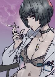 Rule 34 | 1girl, biohazard symbol, black hair, blowing smoke, blush, bra, breasts, brown eyes, choker, cigarette, cleavage, highres, holding, holding cigarette, jewelry, lab coat, lace, lace bra, looking at viewer, looking to the side, medium breasts, nail polish, narrow waist, navel, navel piercing, necklace, pen in pocket, pendant, persona, persona 5, piercing, pocket protector, poechan chan, short hair, sideways glance, sitting, smile, smoke, smoking, solo, takemi tae, underwear