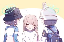 Rule 34 | !, 3girls, animal hat, armband, back, black armband, black headwear, blue archive, blue hair, blue sailor collar, blue shirt, blush, bodysuit, breasts, brown hair, closed eyes, commentary, cropped jacket, diving suit, dual persona, female sensei (blue archive), halo, hat, highres, hyakucha, long hair, long sleeves, looking at another, medium breasts, midriff, multiple girls, official alternate costume, open mouth, rabbit hat, raglan sleeves, rash guard, sailor collar, saki (blue archive), saki (swimsuit) (blue archive), sensei (blue archive), shirt, short hair, sweat, tactical clothes, two-tone background, upper body, wavy mouth, wetsuit, white background, white headwear, white shirt, white sleeves, yellow background, yellow halo