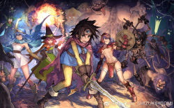 Rule 34 | 4girls, arm up, armor, artist name, bikini, bikini armor, blue hair, blue tabard, boots, breasts, brown hair, cape, clenched teeth, dragon quest, dragon quest iii, dress, elbow gloves, fighting, fireball, gloves, green eyes, hair between eyes, hat, headgear, highres, large breasts, long hair, mage (dq3), mephisto (angraecum), mitre, monster, multiple girls, navel, pink eyes, pink hair, purple hair, red armor, roto (dq3), sage (dq3), shield, short hair, skeleton, soldier (dq3), square enix, staff, standing, sweat, swimsuit, sword, tabard, teeth, tiara, underboob, weapon, weibo watermark, witch hat