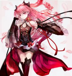 Rule 34 | 10s, 1girl, bad id, bad pixiv id, bare shoulders, detached sleeves, dress, gradient background, highres, kafi, krul tepes, long hair, owari no seraph, pink hair, pointy ears, red eyes, solo, thighhighs