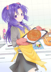 Rule 34 | 00s, 1girl, absurdres, apron, ayamoto, baking sheet, blue hair, clannad, food, hair bobbles, hair ornament, highres, ichinose kotomi, kitchen, long hair, mixing bowl, bento, oven mitts, pie, plaid, purple eyes, spatula, twintails, two side up, whisk