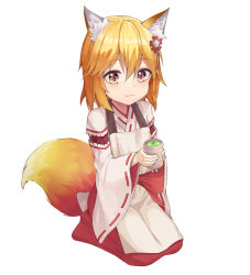 Rule 34 | 1girl, :3, absurdres, animal ear fluff, animal ears, apron, blonde hair, check commentary, closed mouth, commentary request, cup, fox ears, fox tail, full body, green tea, hair between eyes, hair ornament, hakama, highres, holding, holding cup, japanese clothes, light blush, looking at viewer, medium hair, orange eyes, red hakama, ribbon-trimmed sleeves, ribbon trim, seiza, senko (sewayaki kitsune no senko-san), sewayaki kitsune no senko-san, simple background, sitting, solo, tail, tea, white background, yansae81