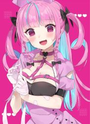 Rule 34 | 1girl, @ @, ahoge, bandaid, bandaid on arm, black bow, blue hair, blunt bangs, blush, bow, braid, breasts, chest harness, cleavage, colored inner hair, cropped jacket, dress, drill hair, gloves, hair bow, harness, hat, highres, hololive, jacket, large breasts, long hair, looking at viewer, minato aqua, multicolored hair, nurse, nurse cap, o-ring, open clothes, open jacket, open mouth, pink background, pink dress, pink eyes, pink hair, pink jacket, short sleeves, sidelocks, solo, streaked hair, sweat, tatsuyoshi (zawahomura), twin drills, two-tone hair, two side up, upper body, virtual youtuber, white gloves