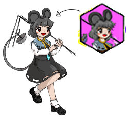 Rule 34 | animal ears, basket, black footwear, black vest, blue capelet, capelet, commentary request, dowsing rod, grey hair, grey skirt, highres, holding, holding with tail, jewelry, long sleeves, mouse ears, mouse girl, mouse tail, nazrin, nokisakifuurin, open mouth, pendant, prehensile tail, red eyes, shirt, simple background, skirt, socks, tail, touhou, unfinished dream of all living ghost, vest, white background, white shirt, white socks, zun (artist), zun (style)