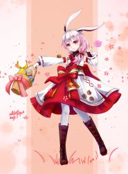 Rule 34 | 1girl, absurdres, animal ears, bare shoulders, basket, boots, brown footwear, candy, closed mouth, easter egg, egg, food, fox ears, full body, hair between eyes, highres, holding, holding basket, holding candy, holding food, holding lollipop, homu (honkai impact), honkai (series), honkai impact 3rd, japanese clothes, kimono, lollipop, long hair, looking at viewer, mijanee, petals, pink eyes, pink hair, smile, solo, theresa apocalypse, theresa apocalypse (sakuno rondo), thighhighs, white kimono, white sleeves, white thighhighs