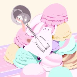 Rule 34 | animal, bear, bird, chai (drawingchisanne), commentary request, food, food focus, holding, ice cream, ice cream scoop, knit hat, looking at viewer, on food, original, penguin, polar bear, scarf, signature, sitting, sitting on food, too many, too many scoops, undersized animal