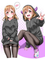 Rule 34 | 10s, 1girl, between legs, black hoodie, black pantyhose, blush, breasts, brown eyes, brown hair, clothes lift, commentary request, drawstring, embarrassed, halftone, halftone background, hand between legs, highres, hood, hood down, hood up, hoodie, hoodie lift, horned hood, horns, kunikida hanamaru, large breasts, lifted by self, long hair, long sleeves, looking at viewer, love live!, love live! sunshine!!, multiple views, no pants, outline, paint splatter, panties, panties under pantyhose, pantyhose, purple background, shoes, sitting, sleeves past wrists, sneakers, spoken blush, thighband pantyhose, underwear, w, white outline, yopparai oni