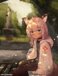 Rule 34 | 1girl, ahoge, animal ears, arknights, black choker, black pantyhose, blue dress, blue eyes, blush, choker, coat, commentary, commentary request, dress, english commentary, falling leaves, fox ears, fox girl, fox tail, hair between eyes, highres, leaf, looking at viewer, mixed-language commentary, on bench, outdoors, pantyhose, pink hair, pixiv id, sitting, smile, solo, statue, sussurro (arknights), tail, turnip eh, white coat