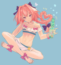Rule 34 | 1boy, astolfo (fate), astolfo (sparkling frills) (fate), bike shorts, bikini, bikini skirt, bikini top only, blue background, bottle, bow, bracelet, braid, closed mouth, daydremec, fang, fate/apocrypha, fate/grand order, fate (series), full body, hair bow, hair intakes, happy, heart, highres, holding, holding bottle, jewelry, light smile, long braid, long hair, male focus, multicolored hair, navel, off-shoulder bikini, off shoulder, official alternate costume, pink bow, pink hair, purple eyes, simple background, single braid, sitting, smile, solo, stomach, streaked hair, swimsuit, trap