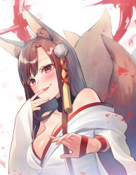Rule 34 | 1girl, akagi (azur lane), akagi (deep crimson poppy) (azur lane), animal ear fluff, animal ears, asagi yuna, asymmetrical bangs, azur lane, bad id, bad pixiv id, bare shoulders, blush, breasts, brown hair, collarbone, finger to mouth, fox ears, fox tail, hair ornament, hands up, highres, japanese clothes, kimono, kitsune, large breasts, long hair, looking at viewer, multiple tails, official alternate costume, parted lips, red eyes, sidelocks, smile, solo, tail, upper body, white kimono, wide sleeves