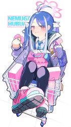 Rule 34 | 1girl, antenna hair, black pantyhose, blue archive, blue hair, blue necktie, blue skirt, blue vest, bow, doughnut, food, from side, fubuki (blue archive), grey hair, grin, hair bow, hair ornament, halo, heart, heart hair ornament, highres, jacket, jitome, kneeling, long hair, long sleeves, looking at viewer, low twintails, miniskirt, multicolored hair, necktie, pantyhose, red eyes, shirt, simple background, skirt, smile, solo, streaked hair, tatara (alnath may), twintails, vest, white background, white bow, white jacket, white shirt