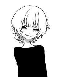 Rule 34 | 1girl, :3, androgynous, arms at sides, black shirt, blunt bangs, closed mouth, dot nose, female focus, greyscale, half-closed eyes, head tilt, jaggy lines, long sleeves, looking at viewer, monochrome, naughty face, original, panda23577667, shirt, short hair, simple background, smile, solo, tsurime, upper body, wavy mouth, white background, white hair, wolf cut