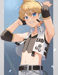 Rule 34 | 1boy, absurdres, aqua eyes, asuka shirou, asymmetrical gloves, bandaid, bandaid on face, belly, belt, belt buckle, blonde hair, blue background, blue eyes, blush, buckle, chain, commentary, detached sleeves, gloves, hair between eyes, headphones, highres, kagamine len, looking at viewer, male focus, midriff, navel, open mouth, oppai ojiichan, see-through silhouette, short hair, smile, solo, stomach, teeth, vocaloid