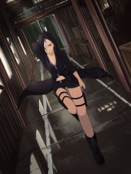 Rule 34 | 1girl, absurdres, arm behind head, arm up, belt, belt buckle, black footwear, black hair, black hood, black shorts, blue eyes, boots, borrowed character, buckle, closed mouth, crate, cross-laced footwear, dutch angle, earrings, eyebrows, eyelashes, full body, gun, hair over one eye, highres, holding, holding gun, holding weapon, hood, hood up, hoodie, indoors, jewelry, knife, lace-up boots, looking at viewer, multicolored hair, one eye covered, original, pouch, railing, reflection, reflective floor, serious, shorts, solo, standing, standing on one leg, streaked hair, tayuta., thigh pouch, thigh strap, walking, weapon, window, zipper, zipper pull tab