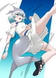 Rule 34 | 1girl, :d, bare arms, bare legs, bare shoulders, black footwear, blowhole, blue eyes, blue hair, breasts, cetacean tail, clenched hands, clothing cutout, commentary, common bottlenose dolphin (kemono friends), dolphin girl, dorsal fin, downblouse, fins, fish tail, flying kick, foot out of frame, gradient hair, grey hair, hair between eyes, head fins, highres, kemono friends, kicking, kneepits, medium breasts, multicolored hair, no bra, open mouth, shirt, shoes, short sleeves, shoulder cutout, skirt, smile, solo, tail, tanabe (fueisei), teeth, upper teeth only, white hair, white shirt, white skirt