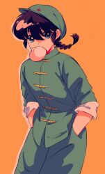Rule 34 | 1boy, black hair, blue eyes, braid, braided ponytail, bread bun, chinese clothes, commentary request, cowboy shot, food, food in mouth, green hat, hands in pockets, hat, highres, looking at viewer, ranma 1/2, rumic 0620, saotome ranma, simple background, solo, star (symbol), tangzhuang