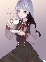Rule 34 | 1girl, animal, animal on shoulder, black cat, black dress, blue eyes, blush, cat, cat on shoulder, collared shirt, commission, cup, dress, enahamaru, grey background, grey hair, grey shirt, highres, holding, holding cup, holding saucer, light smile, long sleeves, looking at viewer, neck ribbon, original, parted lips, pinafore dress, red ribbon, ribbon, saucer, shirt, short hair, sitting, sleeveless, sleeveless dress, solo, upper body