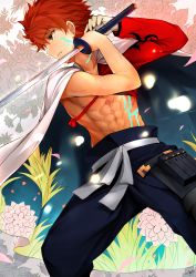 Rule 34 | 1boy, abs, bad id, bad pixiv id, cape, cowboy shot, emiya shirou, fate/grand order, fate (series), fighting stance, floral background, igote, limited/zero over, looking away, male focus, messy hair, minari (minari37), pants, red hair, solo, sword, tattoo, weapon, yellow eyes