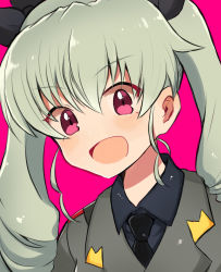 Rule 34 | 1girl, aimai (luckyfive), anchovy (girls und panzer), anzio military uniform, bad id, bad pixiv id, belt, black necktie, black ribbon, black shirt, commentary, dress shirt, drill hair, english commentary, girls und panzer, green hair, grey jacket, hair ribbon, highres, jacket, long hair, long sleeves, looking at viewer, military, military uniform, necktie, open mouth, pink background, pink eyes, portrait, ribbon, sam browne belt, shirt, simple background, smile, solo, twin drills, twintails, uniform, wing collar