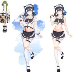 Rule 34 | 1girl, absurdres, animal ears, asymmetrical legwear, bare arms, bare shoulders, black footwear, black hair, black skirt, blue eyes, bridal garter, cat ears, collarbone, crop top, crop top overhang, cropped jacket, frilled skirt, frills, full body, hair rings, hand up, headdress, highres, jacket, kuroida, leg up, long hair, long sleeves, looking at viewer, mary janes, midriff, miniskirt, multiple views, navel, off shoulder, original, parted lips, photo-referenced, see-through, shoes, skirt, sleeveless, standing, standing on one leg, stomach, thighhighs, twintails, wet, wet clothes, white jacket, white thighhighs