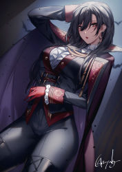 Rule 34 | 1girl, bat (animal), black hair, black legwear, breasts, cape, collar, earrings, genyaky, gloves, highres, idolmaster, idolmaster shiny colors, jewelry, large breasts, looking at viewer, red gloves, shirase sakuya, solo, tassel, thick thighs, thighs, vampire, yellow eyes