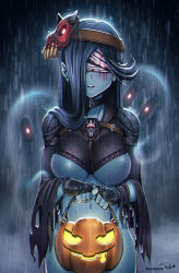 Rule 34 | 1girl, armor, bandages, black gloves, blindfold, blood, blue hair, blue skin, blush, bottomless, breasts, chain, colored skin, draw-till-death, facing viewer, fingerless gloves, ghost, gloves, halloween, highres, jack-o&#039;-lantern, long hair, mask, mask on head, navel, open mouth, original, pauldrons, rain, shoulder armor, teeth, torn clothes, wet