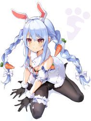 Rule 34 | 1girl, animal ear fluff, animal ears, black bra, black gloves, black leotard, black pantyhose, blue hair, blush, bow, bra, braid, breasts, bridal garter, carrot hair ornament, cleavage, closed mouth, commentary, detached sleeves, dress, food-themed hair ornament, from above, fur-trimmed gloves, fur trim, gloves, hair bow, hair ornament, highres, hololive, kokuri89490047, leotard, leotard under clothes, long hair, looking at viewer, multicolored hair, no shoes, pantyhose, rabbit ears, scarf, sidelocks, sitting, small breasts, smile, solo, streaked hair, symbol-shaped pupils, thick eyebrows, twintails, underwear, usada pekora, usada pekora (1st costume), very long hair, virtual youtuber, wariza, white bow, white dress, white hair