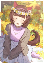 Rule 34 | 1girl, absurdres, alternate costume, animal ears, border, brown cardigan, brown hair, cardigan, closed eyes, ear covers, ear ornament, highres, horse ears, horse girl, horse tail, isana615, jewelry, leaf, long sleeves, necklace, nishino flower (umamusume), on ground, open mouth, pink socks, pink sweater, short hair, sitting, smile, socks, solo, sweater, tail, umamusume, wariza, white border