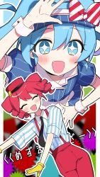 Rule 34 | 2girls, arm up, blue eyes, blue hair, bow, commentary, cowboy shot, drill hair, gloves, hair bow, hashtag-only commentary, hat, hatsune miku, highres, kasane teto, long hair, mesmerizer (vocaloid), multiple girls, necktie, open mouth, pink hair, pink hat, shirt, smile, sparkling eyes, striped bow, striped clothes, striped shirt, twin drills, twintails, unplo darkn, utau, very long hair, visor cap, vocaloid, wrist cuffs, yellow gloves