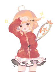 Rule 34 | 1girl, :d, ahoge, brown eyes, clenched hand, flipped hair, flower knight girl, hair ornament, hairclip, hima (flower knight girl), holding tennis racket, jacket, kari (atsuki 565), long sleeves, medium hair, open mouth, red jacket, simple background, skirt, smile, solo, white background, white skirt
