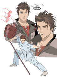 Rule 34 | 1boy, armor, brown eyes, brown hair, fighting stance, final fantasy, final fantasy vii, final fantasy vii remake, full body, gi, hair slicked back, highres, holding, holding weapon, japanese clothes, newb ff7r, outstretched arm, pants, popped collar, robe, shirt, short hair, shoulder armor, sonon kusakabe, square enix, staff, weapon, white background, white pants, white robe, white shirt