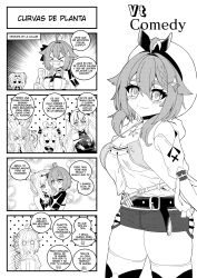 5girls 5koma :t akugaki_koa animal_ears annoyed atelier_(series) atelier_ryza bare_shoulders belt breasts child cleavage close-up closed_eyes closed_mouth comic cosplay crossed_arms demon_girl detached_sleeves dot_nose embarrassed eyebrows eyelashes feet_out_of_frame female_focus gloves greyscale hands_on_own_face hat hood hood_down hooded_jacket horns hug idol_corp jacket kimura_tao lalabell_lullaby large_breasts long_hair looking_at_another medium_hair meica_(vtuber) meica_(vtuber)_(1st_costume) monochrome multiple_girls naughty_face off-shoulder_shirt off_shoulder open_mouth pointy_ears rabbit_ears rabbit_girl reisalin_stout reisalin_stout_(cosplay) ruby_runeheart shirt short_shorts shorts shrug_(clothing) side_cape simple_background size_difference sleeveless sleeveless_jacket sleeveless_shrug slit_pupils smile spanish_text speech_bubble taiga_toragami tears thighhighs tiger_ears tiger_girl translated two_side_up upper_body virtual_youtuber