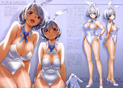 Rule 34 | 2girls, absurdres, animal ears, blue ribbon, blush, breasts, cleavage, closed mouth, collarbone, detached collar, fake animal ears, fake tail, fishnet pantyhose, fishnets, full body, hair between eyes, hairband, hands on own hips, high heels, highleg, highleg leotard, highres, kurashima tomoyasu, large breasts, leotard, looking at viewer, medium hair, mole, mole under eye, multiple girls, neck ribbon, open mouth, original, pantyhose, playboy bunny, pumps, rabbit ears, rabbit tail, red eyes, ribbon, shirato sakura, shirato yuri, short hair, siblings, sisters, smile, standing, strapless, strapless leotard, tail, tongue, tongue out, white footwear, white hair, white hairband, white leotard, wing collar