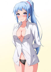 Rule 34 | 1girl, arms behind back, black panties, blue eyes, blue hair, blush, breasts, cleavage, closed mouth, collarbone, collared shirt, commentary request, cowboy shot, dress shirt, gradient background, hair ornament, hair scrunchie, highres, kawasaki saki, konoyan, large breasts, long hair, long sleeves, looking at viewer, mole, mole under eye, no bra, panties, partially unbuttoned, pink scrunchie, ponytail, purple eyes, scrunchie, shirt, smile, solo, standing, underwear, white background, white shirt, yahari ore no seishun lovecome wa machigatteiru., yellow background