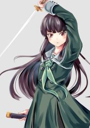 Rule 34 | 10s, 1girl, absurdres, arm above head, black hair, blue background, blunt bangs, blush, commentary request, contrapposto, cowboy shot, dress, expressionless, green dress, green neckerchief, highres, holding, holding sword, holding weapon, juujou hiyori, katana, long hair, long sleeves, looking at viewer, neckerchief, red eyes, scabbard, school uniform, sheath, simple background, sketch, solo, standing, sword, toji no miko, unsheathed, weapon, yumibakama meme