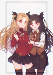 Rule 34 | 2girls, absurdres, black bow, black legwear, black skirt, blonde hair, bow, breasts, brown hair, character name, closed mouth, collared shirt, cosplay, ereshkigal (fate), fate/grand order, fate/stay night, fate (series), floating hair, hair bow, highres, homurahara academy school uniform, ishtar (fate), long hair, looking at viewer, medium breasts, miniskirt, multiple girls, neck ribbon, pantyhose, pleated skirt, red eyes, red ribbon, red shirt, ribbon, school uniform, shirt, siblings, sisters, skirt, smile, standing, suna co, thighhighs, tohsaka rin, tohsaka rin (cosplay), very long hair, white background, white shirt, wing collar, zettai ryouiki