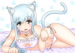 Rule 34 | 10s, 1girl, absurdres, animal ears, aoki hagane no arpeggio, bell, blue eyes, blue hair, breasts, cat cutout, cat ear panties, cat ears, cat lingerie, cleavage cutout, clothing cutout, covered erect nipples, highres, iona (aoki hagane no arpeggio), jingle bell, long hair, looking at viewer, lying, matching hair/eyes, meme attire, navel, on side, open mouth, panties, side-tie panties, smile, solo, tail, underwear, yosshy815