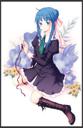 Rule 34 | 00s, 1girl, bad id, bad pixiv id, blue eyes, blue hair, boots, dress, female focus, flower, knee boots, long hair, long sleeves, necktie, neuron (exceed), ribbon, school uniform, smile, solo, strawberry panic!, suzumi tamao
