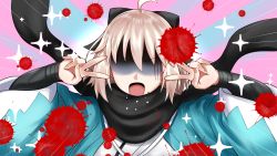 Rule 34 | 1girl, ahoge, arm guards, black bow, black scarf, blonde hair, blood, blood splatter, blue background, blush, bow, breasts, coughing blood, double v, emotional engine - full drive, fate/grand order, fate (series), hair between eyes, hair bow, hands up, haori, highres, japanese clothes, kimono, koha-ace, long sleeves, medium breasts, nagishy, okita souji (fate), okita souji (koha-ace), open mouth, parody, petals, pink background, scarf, shaded face, short hair, solo, sparkle, striped, striped background, v, white kimono, wide sleeves