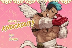 Rule 34 | 1boy, abs, ancient greek clothes, bandaged arm, bandages, bandaid, bandaid on cheek, bandaid on face, bara, bare pectorals, blue hair, boxing gloves, dark-skinned male, dark skin, english text, feathered wings, fingerless gloves, greco-roman clothes, jimsdaydreams, large pectorals, male focus, mini wings, mma gloves, mohawk, muscular, muscular male, nipple piercing, nipples, original, parted lips, pectorals, piercing, punching, short hair, sideburns, solo, stomach, thick eyebrows, upper body, valentine, wings