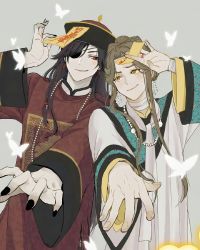 Rule 34 | 2boys, absurdres, bead necklace, beads, black hair, braid, bug, butterfly, chinese clothes, earrings, eyepatch, hat, highres, hua cheng, insect, jewelry, jiangshi, long hair, long sleeves, male focus, multiple boys, necklace, ofuda, parted bangs, qingdai guanmao, tianguan cifu, white butterfly, wide sleeves, xiaoyijianglan, xie lian, yellow eyes, zombie