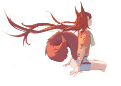 Rule 34 | 1girl, animal ears, arknights, belt, blush, brown belt, brown hair, brown tail, closed eyes, closed mouth, cropped legs, crown (symbol), feet out of frame, flametail (arknights), flametail (sport for all) (arknights), floating hair, from side, green belt, green scarf, grey shorts, highres, invisible chair, long hair, official alternate costume, orange shirt, profile, scarf, shirt, short sleeves, shorts, simple background, sitting, smile, solo, squirrel ears, squirrel girl, squirrel tail, tail, tail raised, very long hair, wei mie (not extinguished), white background, wind