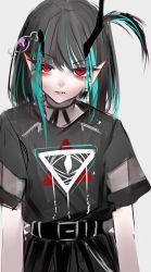 Rule 34 | 1girl, bad id, bad twitter id, belt, black belt, black hair, black shirt, black skirt, blue hair, cowboy shot, demon girl, demon horns, doryudory, eye of providence, flat chest, grey background, highres, horns, looking at viewer, medium hair, multicolored hair, nanashi inc., official alternate costume, open mouth, pointy ears, red eyes, shirt, shishio chris, shishio chris (3rd costume), short sleeves, side ponytail, simple background, skirt, solo, sugar lyric, two-tone hair, virtual youtuber
