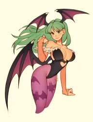 Rule 34 | 1girl, animal print, bare shoulders, bat print, bat wings, breasts, bridal gauntlets, cleavage, closed mouth, clothing cutout, commentary, cropped legs, demon girl, elbow gloves, english commentary, gloves, green eyes, green hair, head wings, highres, large breasts, leotard, long hair, looking at viewer, morrigan aensland, oxcoxa, pantyhose, print pantyhose, smile, solo, vampire (game), wings